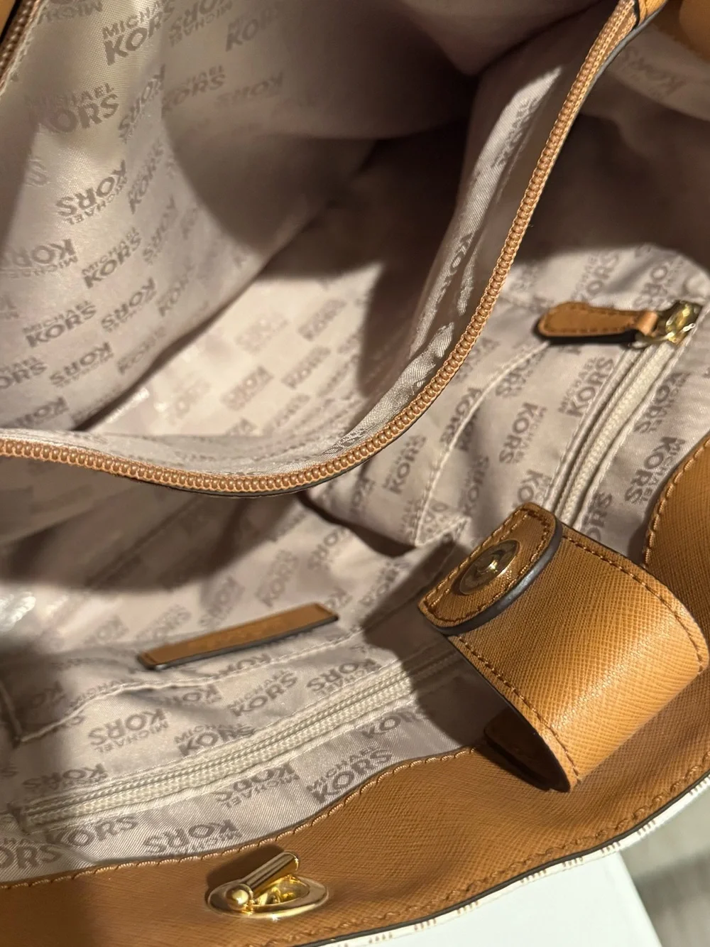 Michael Kors White/Brown Signature Costed Canvas and Leather Tote.